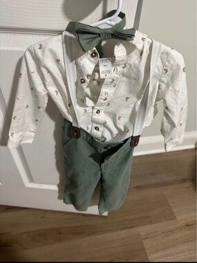 Carter's White Printed Shirt with Green Bow Tie, Green Pants & White Suspenders
